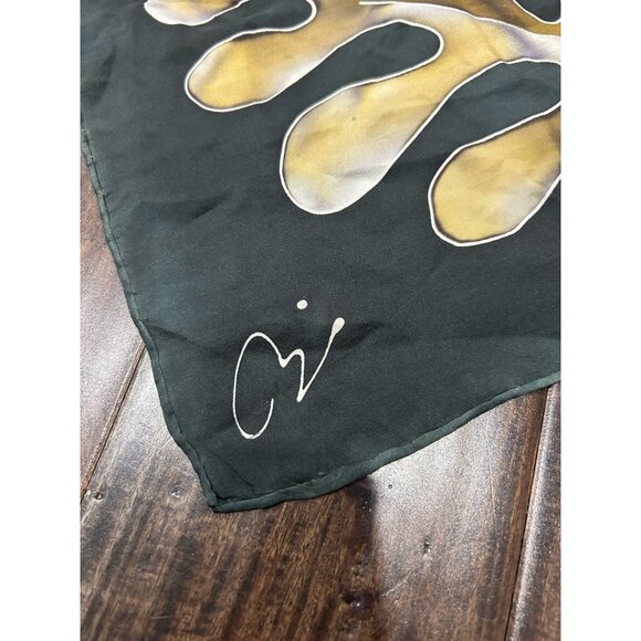 Hand Painted Scarf With Leaf Design Black Gold Rectangular Shawl Wrap Comfy - Picture 3 of 8